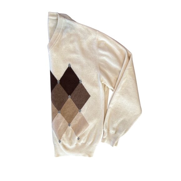 Men’s 100% Cashmere Cream Brown Argyle V-Neck Grandpacore Sweater - Picture 4 of 9